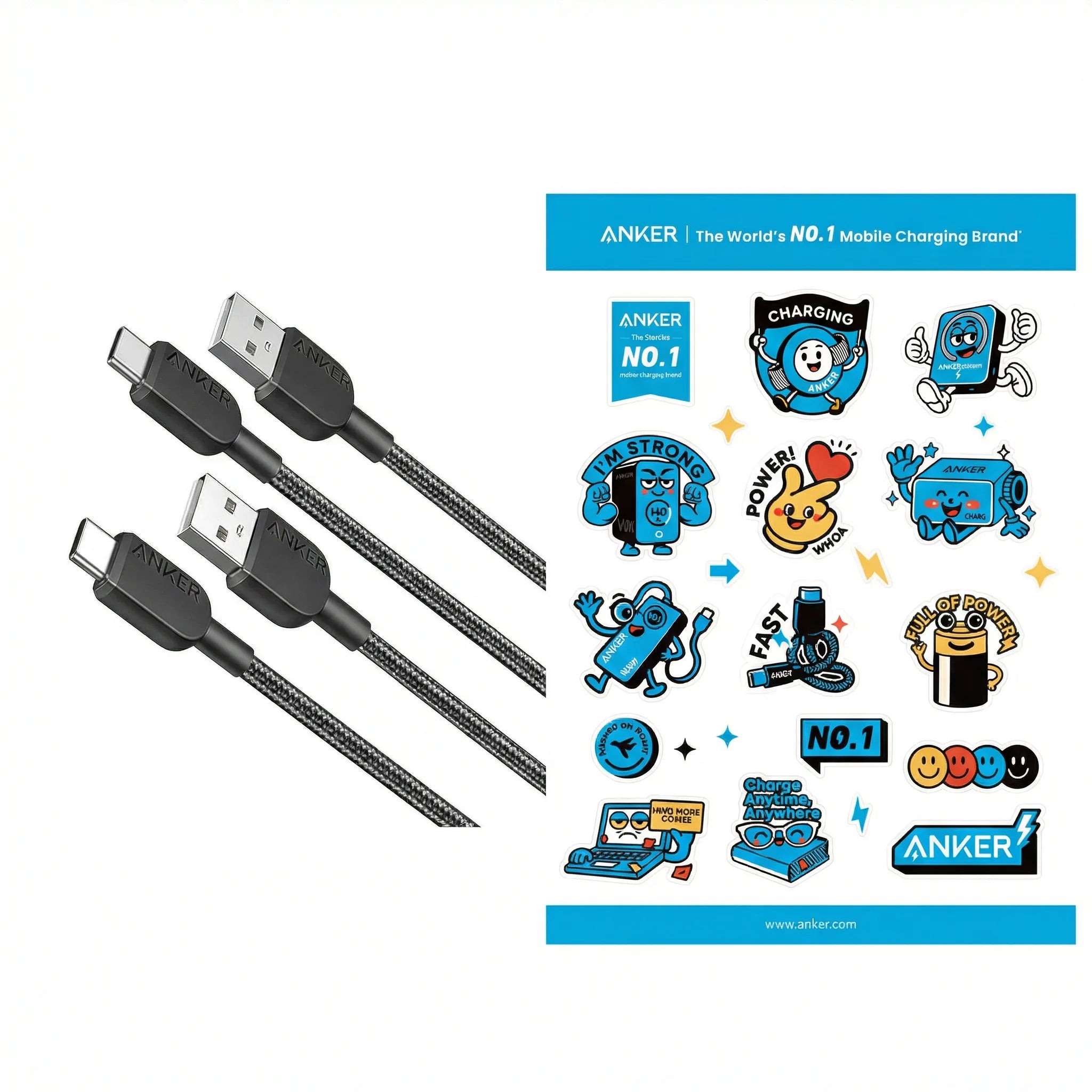 Anker USB-C Cable, 2-Pack 0.9m Nylon Braided Fast Charging Cable + Spring Anker Sticker (Free)