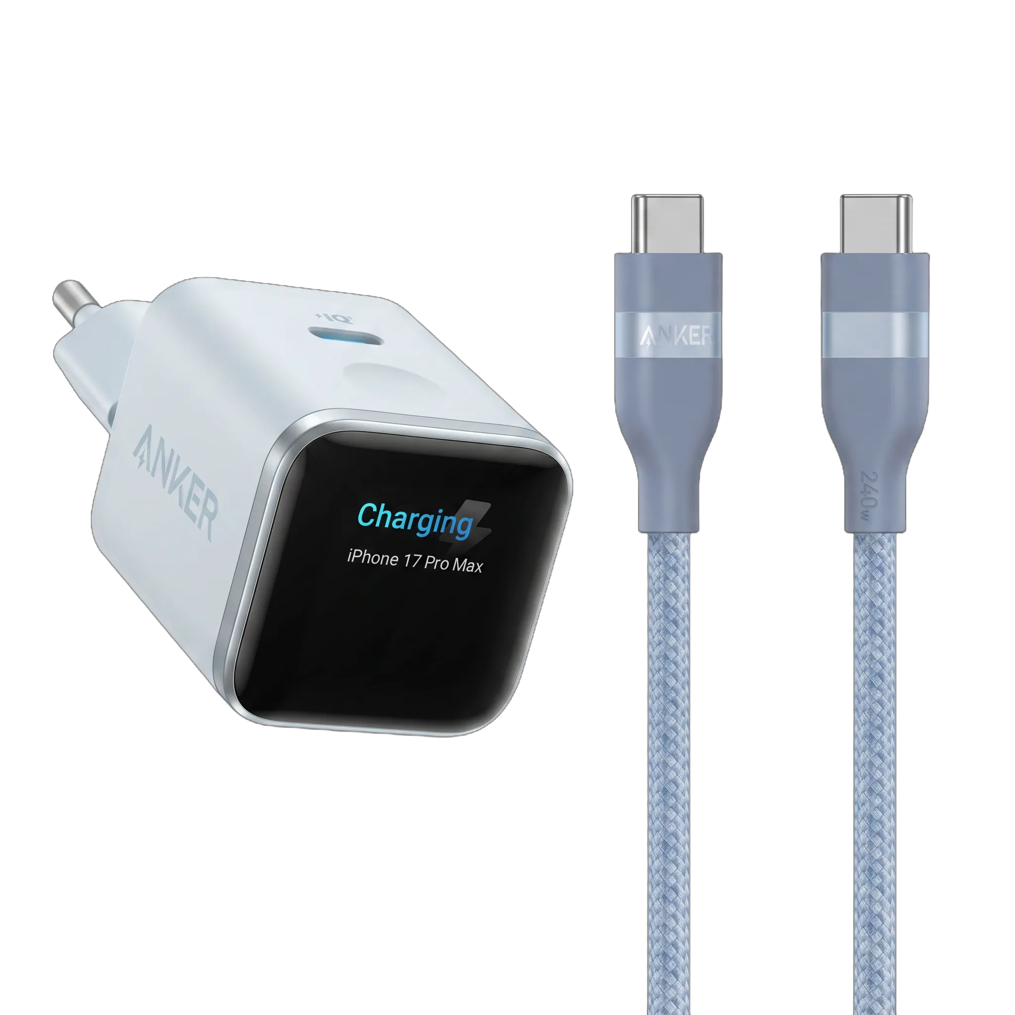 Anker Nano Charger (45W, Smart Display) + Anker USB-C to USB-C Cable (90cm/180cm, 240W, Upcycled Braided)