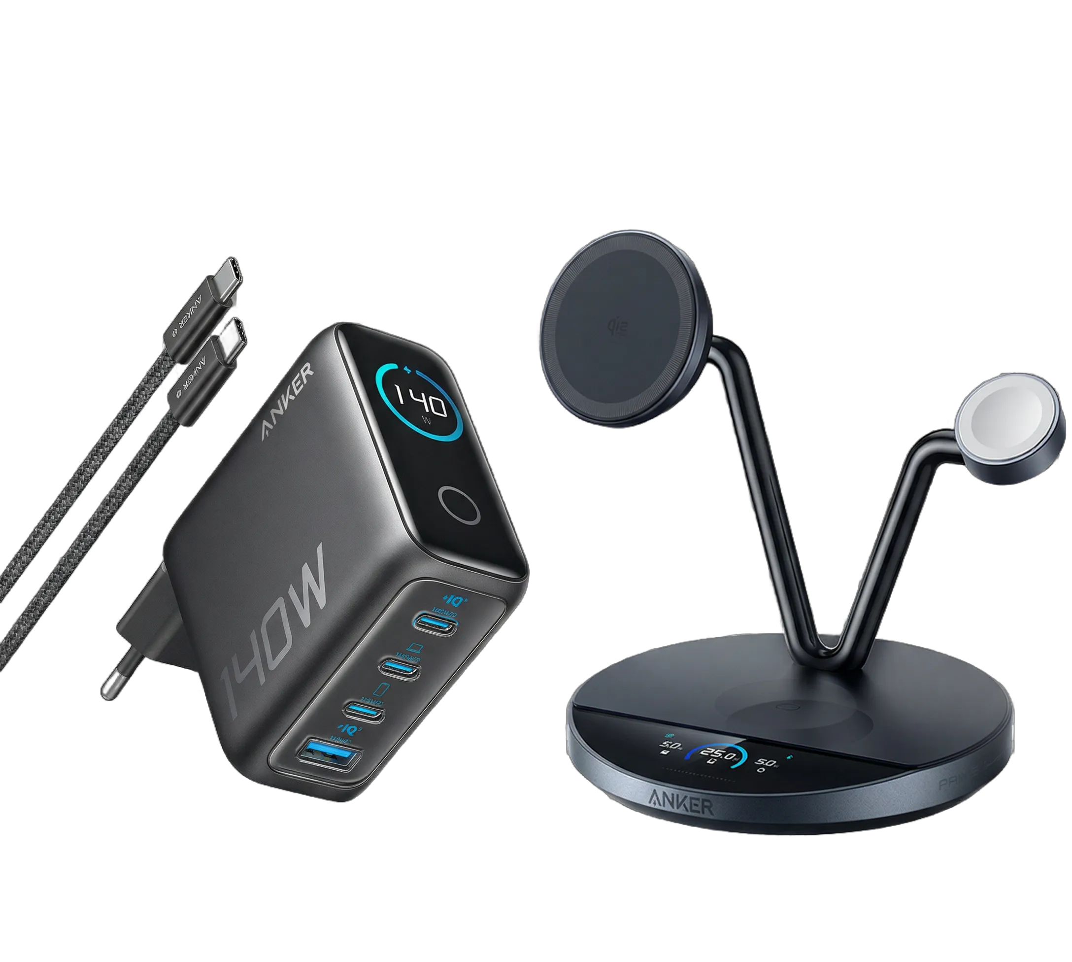 Anker Prime Wireless Charging Station (3-in-1 Stand) + Anker Charger (140W, 4-Port, PD 3.1) with USB-C Cable