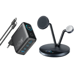Anker Prime Wireless Charging Station (3-in-1 Stand) + Anker Charger (140W, 4-Port, PD 3.1) with USB-C Cable