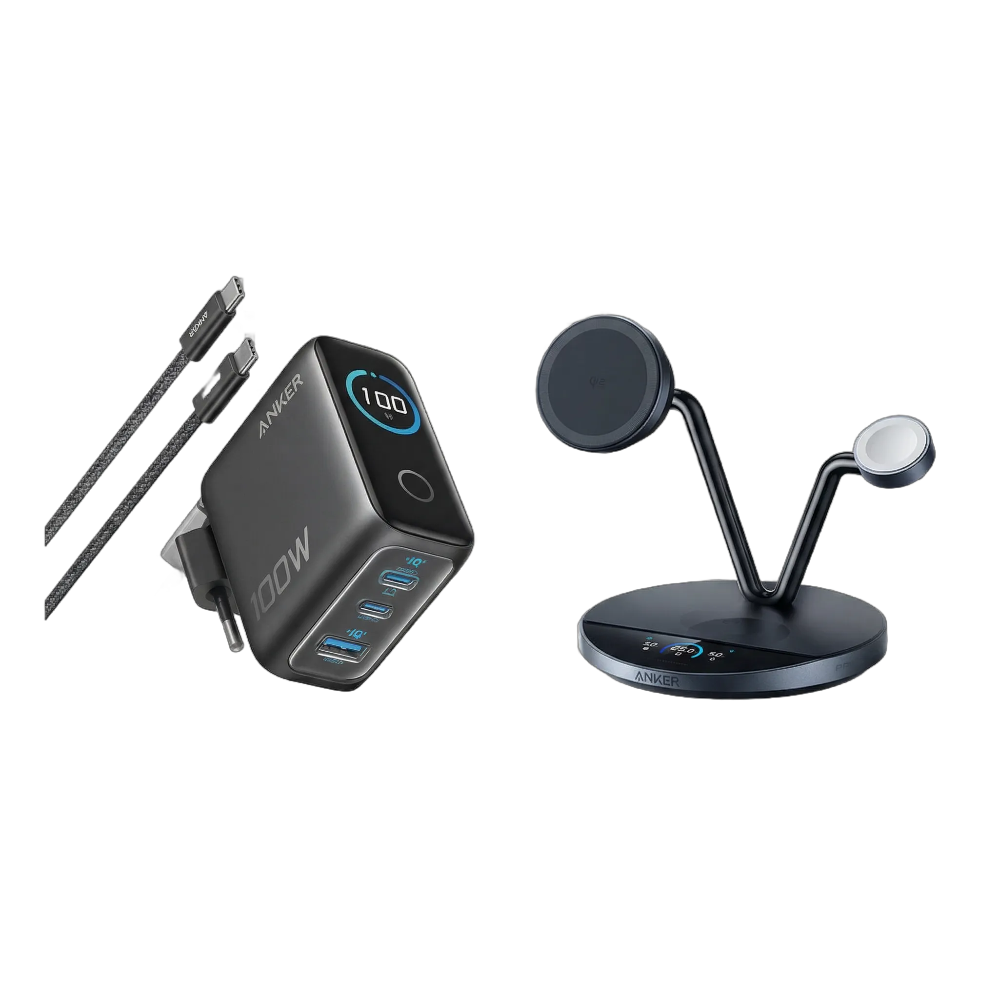 Anker Prime Wireless Charging Station (3-in-1 Stand) + Anker Charger (100W, 3 Ports, Smart Display) with USB-C Cable